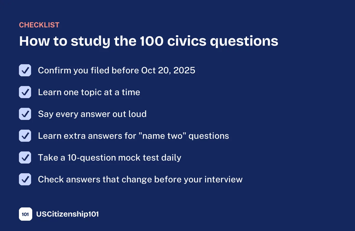 Checklist for studying the 100 civics questions