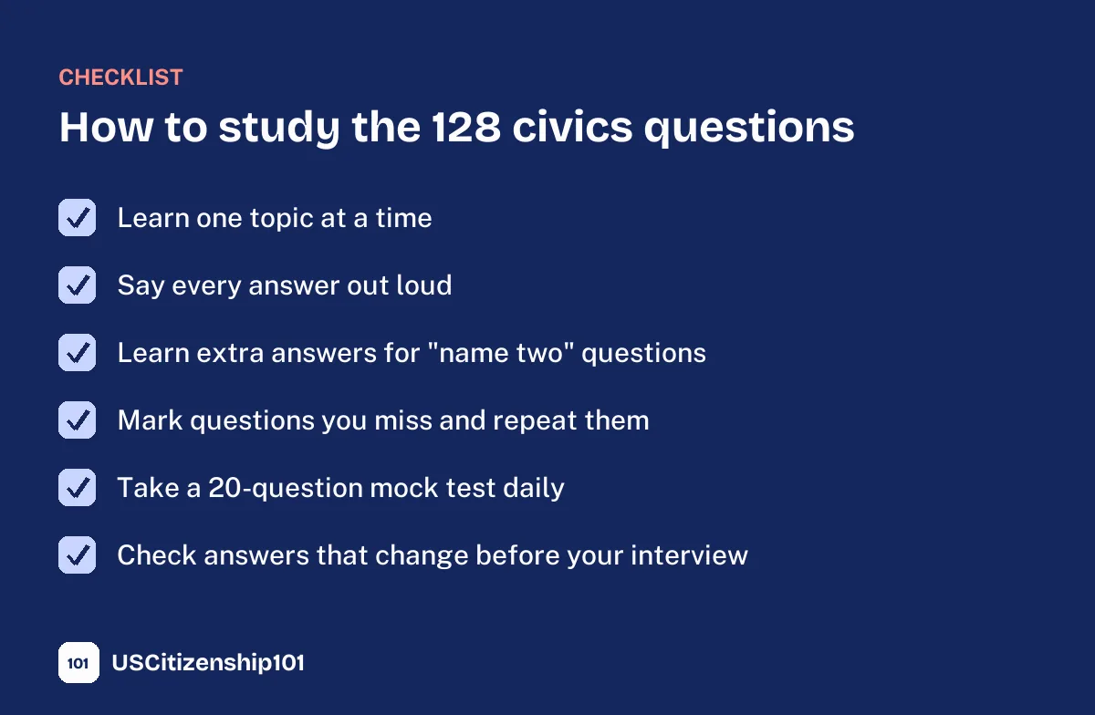 Checklist for studying the 128 civics questions