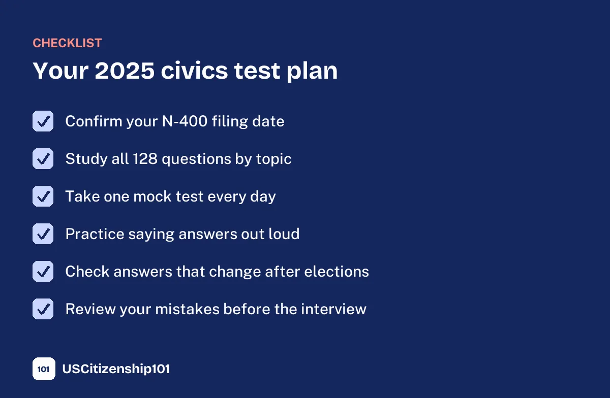 2025 civics test study checklist with six steps