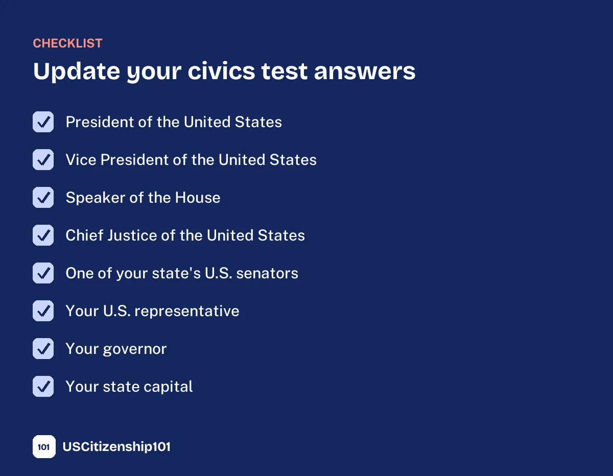 Checklist of civics test answers to update before your interview