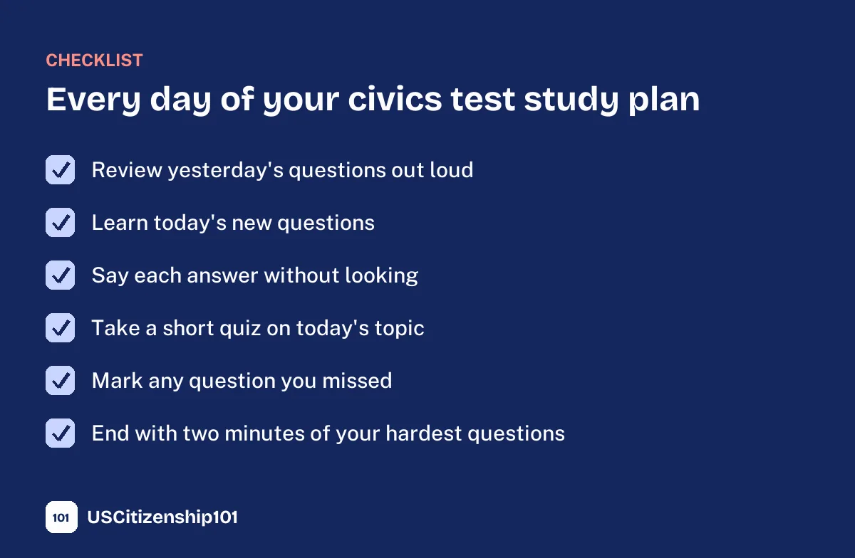 Daily routine for every session of the civics test study plan