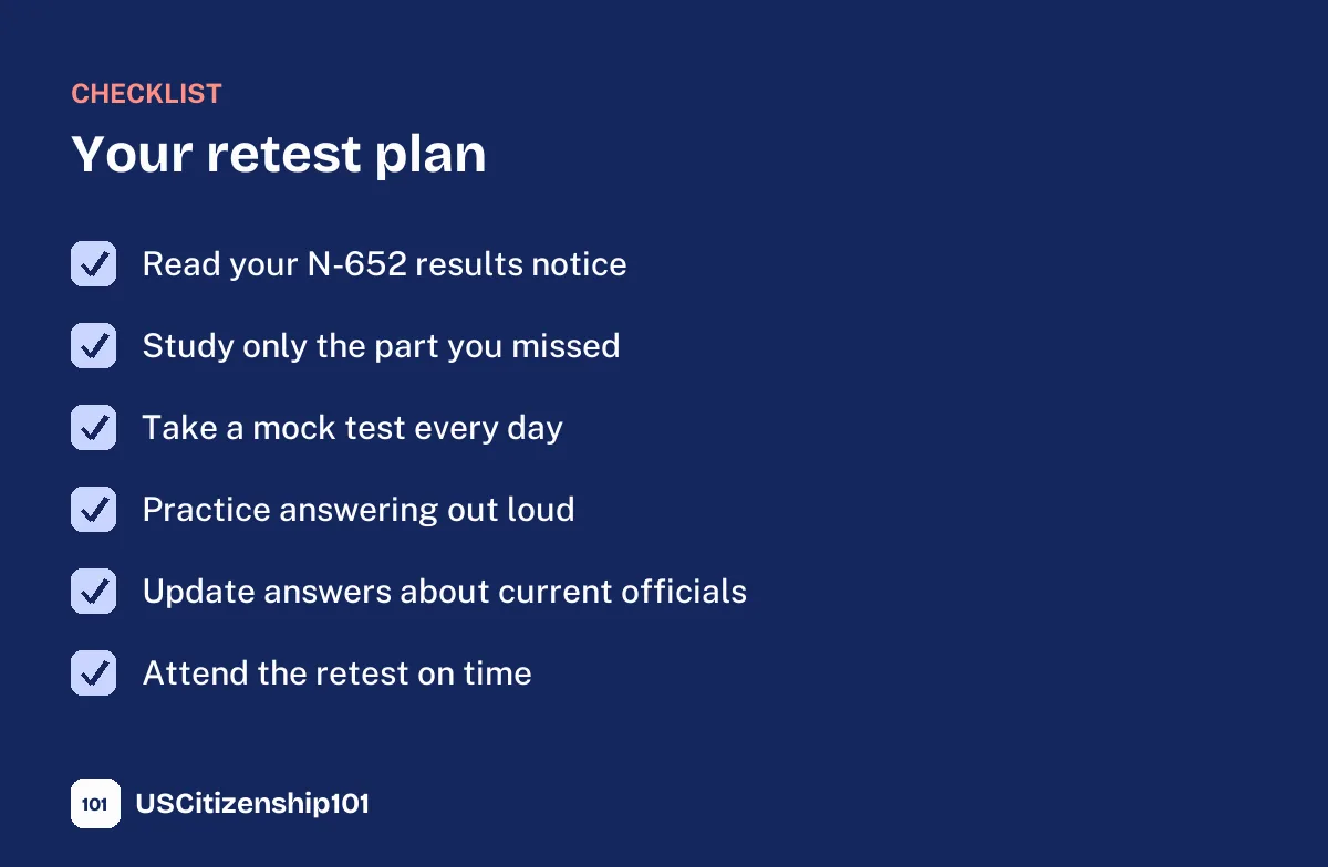 Retest checklist for applicants who fail the citizenship test