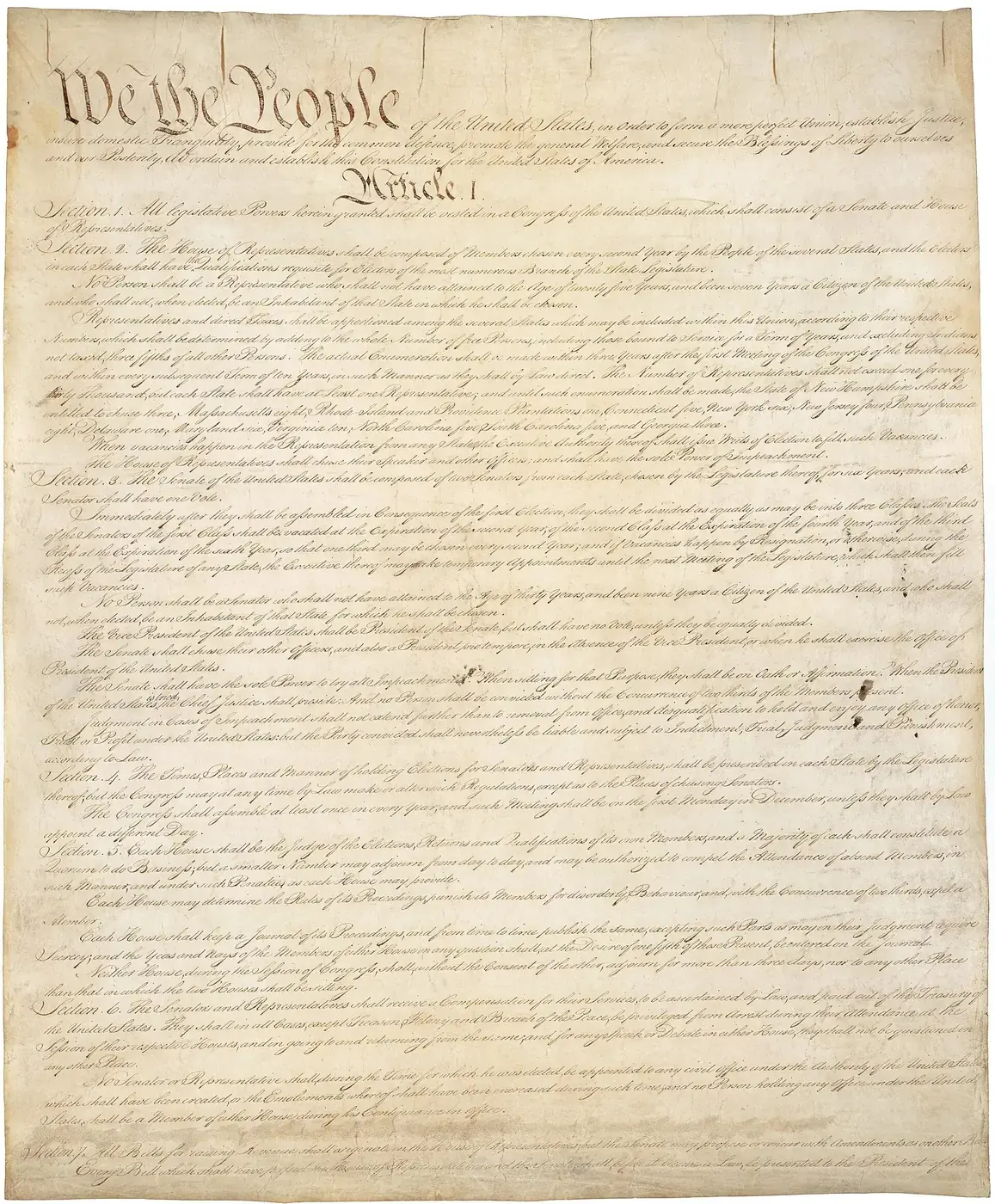 La primera página de la Constitución, tema frecuente en las preguntas de historia de Estados Unidos