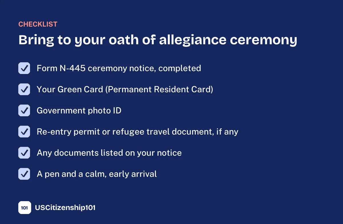 Checklist of what to bring to the oath of allegiance ceremony