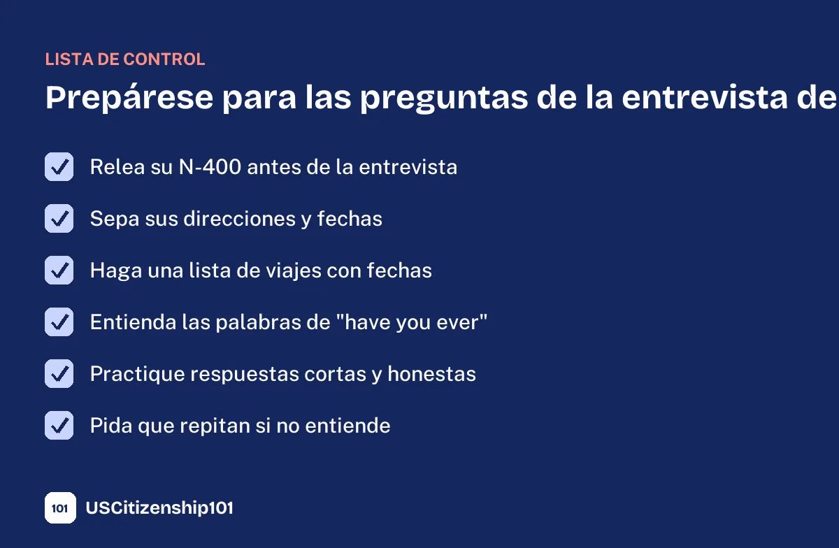 Lista para prepararse para las preguntas de la entrevista de ciudadanía