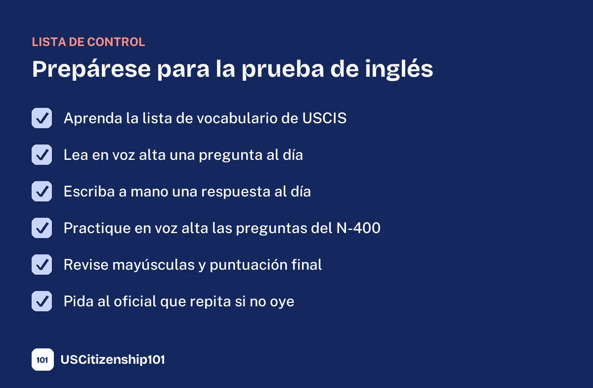 Lista para prepararse para la prueba de inglés de ciudadanía