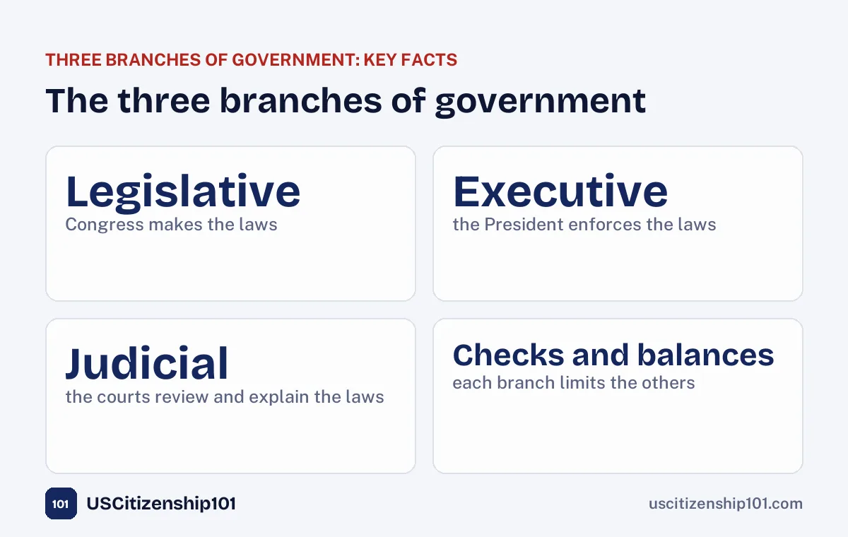 The three branches of government: legislative, executive, judicial, and checks and balances